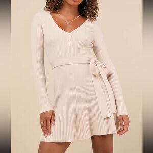 Cozy Poise Beige Henley Long Sleeve Mini Sweater Dress